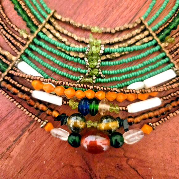 Handmade Green Gold Tribal Necklace Boho - Picture 8 of 10